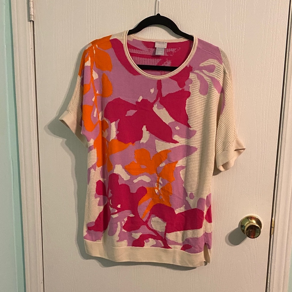 Chico’s Lotus Petal Tunic Lightweight Knit Top Intarsia Floral Resort Size “1”